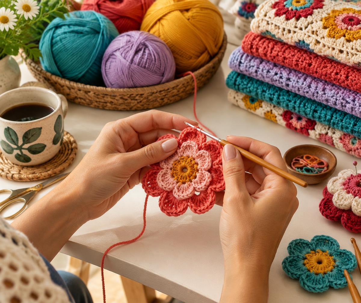Mãos crocheteando uma flor ao lado de fios coloridos