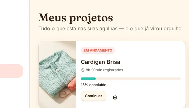 Projetos em andamento com barras de progresso e tempo registrado