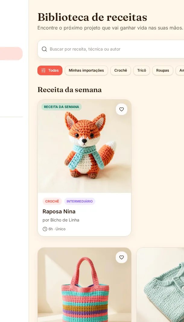 Biblioteca de receitas do Rowly com busca, filtros e peças de crochê e tricô